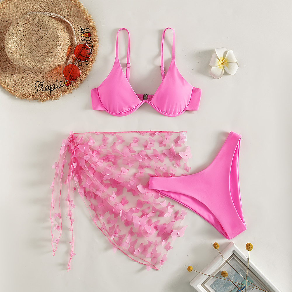 mesh sarong three piece bikini