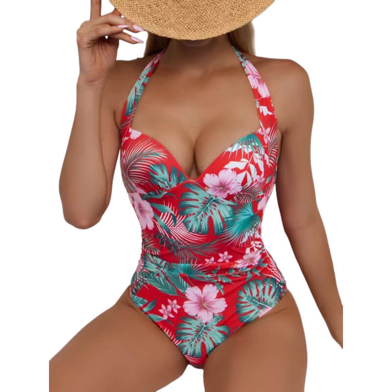 one piece tropical floral halter neck sexy women bikini