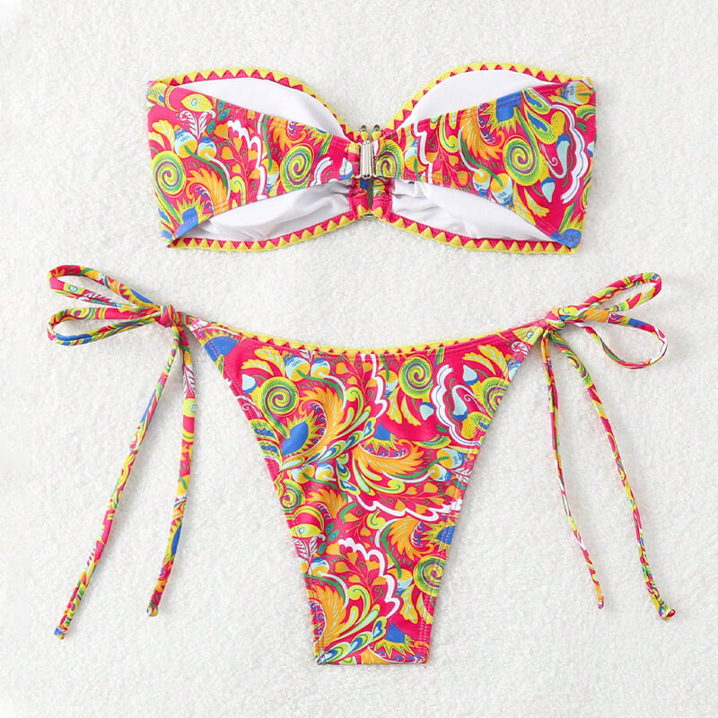 red gear Bohemia bandeau floral U ring linked thong beachwear girl swimwear